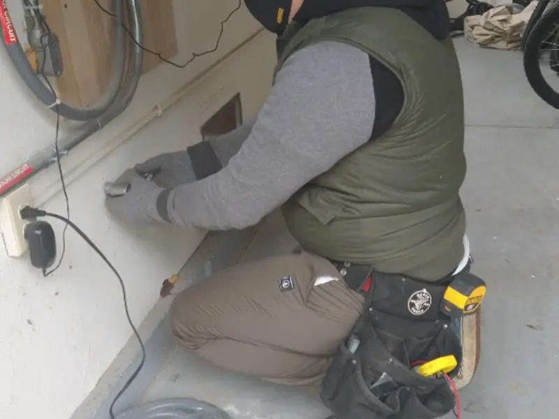 Electrician performing outlet wiring in a Conway garage